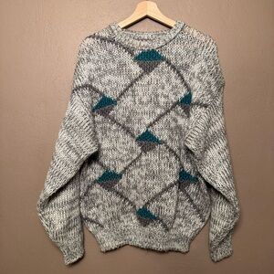 Forte Vintage 80s Retro Gray Marled Crewneck Sweater with Teal Accent Mens XL
